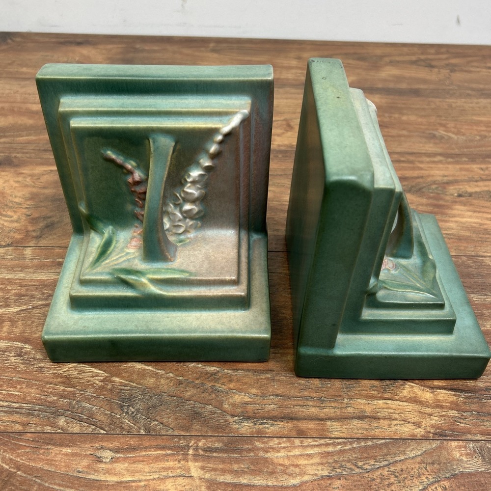 Roseville Pottery Foxglove Bookends Art Pottery Ceramic Green Pink 5.75"x"5.5"